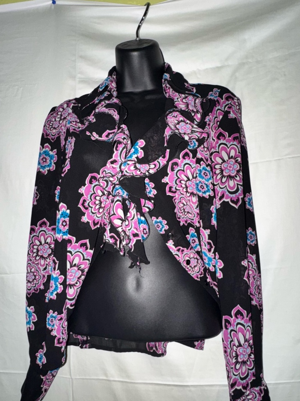 See through Floral button up Blouse with ruffle v-neck
